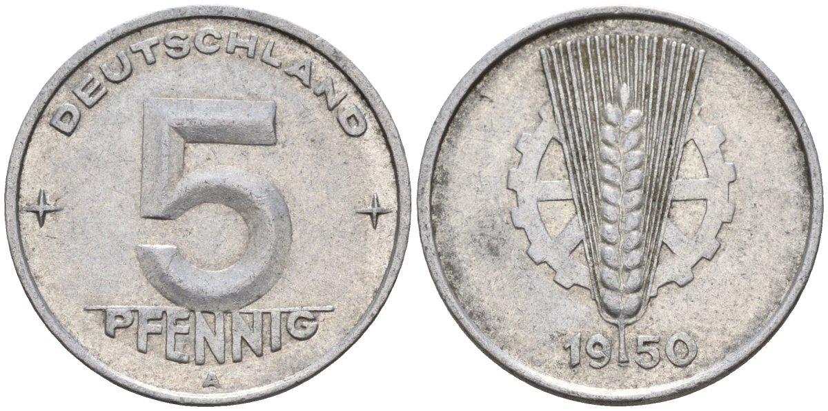 ГДР 5 пфеннигов 1950 A KM 2 алюминий 4596-558