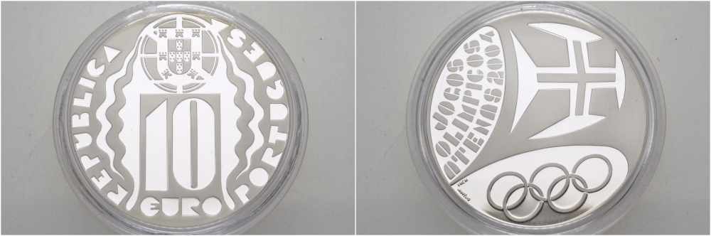 ПОРТУГАЛИЯ 10 ЕВРО 2004 ЛЕТНИЕ ОЛИМПИЙСКИЕ ИГРЫ 2004 ГОДА В АФИНАХ, СИМВОЛИКА, ТИРАЖ 15000 ЭКЗ. KM 759а серебро PROOF 01-162-11