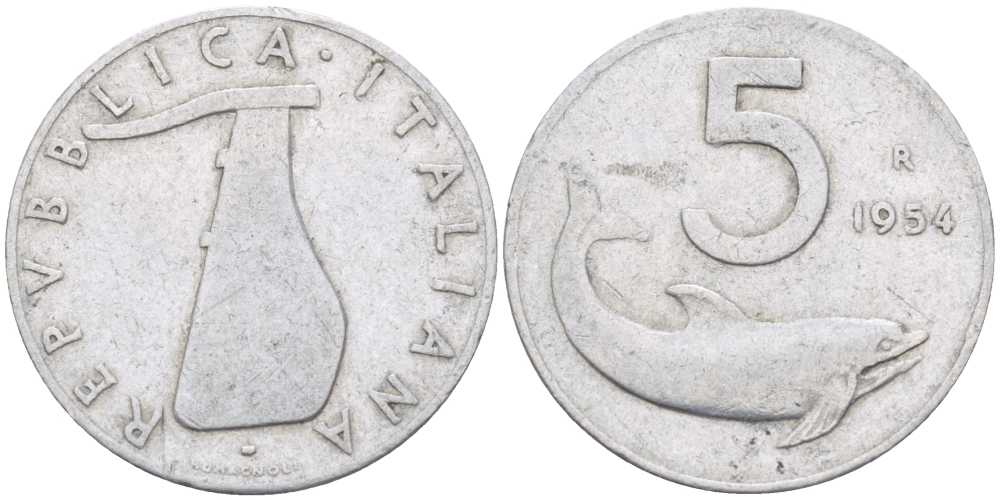 ИТАЛИЯ 5 ЛИР 1954 R, РУЛЬ, ДЕЛЬФИН KM 92 алюминий 24-122