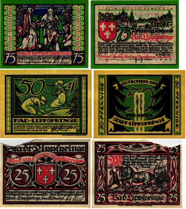 БАД-ЛИПШПРИНГЕ НАБОР ИЗ 3 БАНКНОТ, 25, 50, 75 ПФЕННИГОВ 1921 НОТГЕЛЬД, 28 МАЯ 1921, ЗЕМЛЯ СЕВЕРНЫЙ РЕЙН-ВЕСТФАЛИЯ, ПОЛНЫЙ КОМПЛЕКТ Grabowski 805.1 бумага 6318-39-3-1