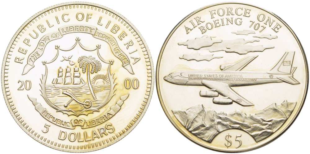 ЛИБЕРИЯ 5 ДОЛЛАРОВ 2000 БОРТ НОМЕР ОДИН, БОИНГ 707, САМОЛЁТ медно-никель UNC 1080-9-42