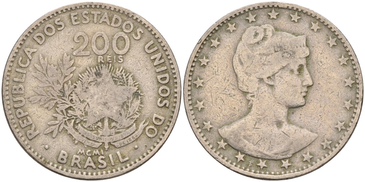 Бразилия 200 рейс 1901 голова свободы вправо KM 504 медно-никель 4589-1125