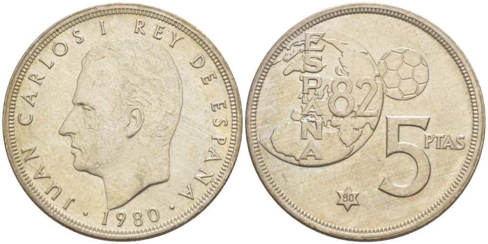 Испания 5 песет 1980 (80) чемпионат мира по футболу в Испании 1982 года, Хуан Карлос I (1975-) KM 817 медно-никель 4523-456