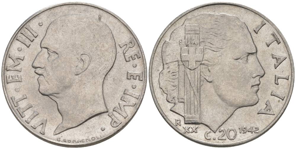 ИТАЛИЯ 20 ЧЕНТЕЗИМО 1942 R, ГОД XX, ВИКТОР ЭММАНУИЛ III (1900-1946), МАГНИТНАЯ, ГУРТ РИФЛЁНЫЙ KM 75b, VEM3. 1029 нержавеющая сталь 3853-433