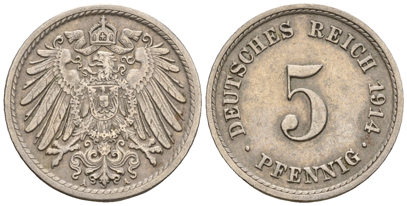 Германия 5 пфеннигов 1914 A, KM 11, J. 12 медно-никель 220-737