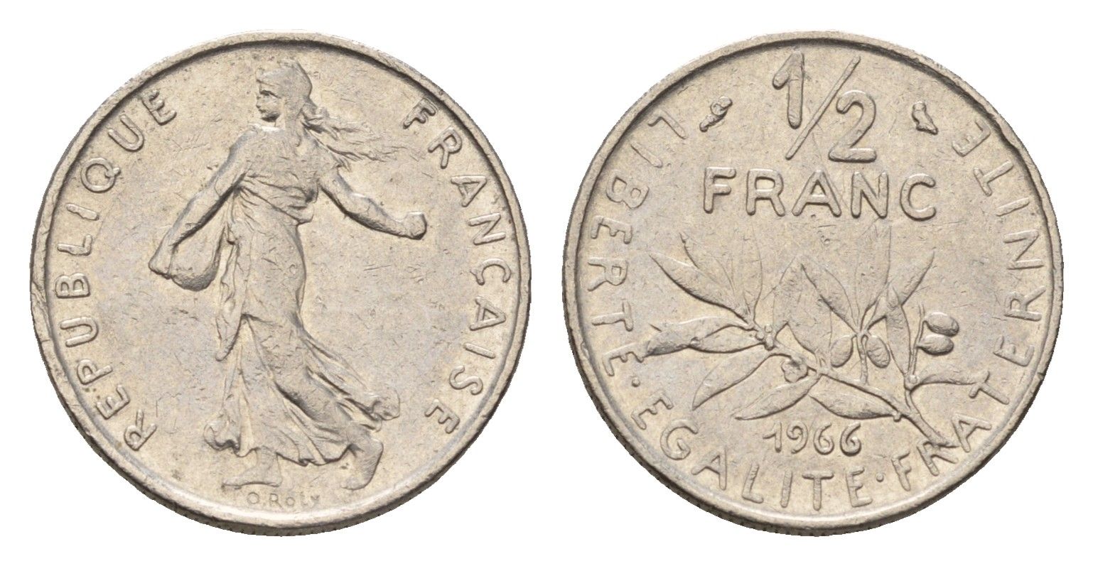 Франция 1/2 франка 1966 KM 931.1 никель 4685-326