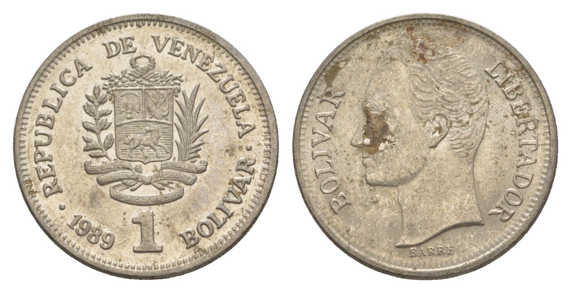 Венесуэла 1 боливар 1989 Симон Боливар, тонкий шрифт Y 52a.1 сталь плакированная никелем 4591-324