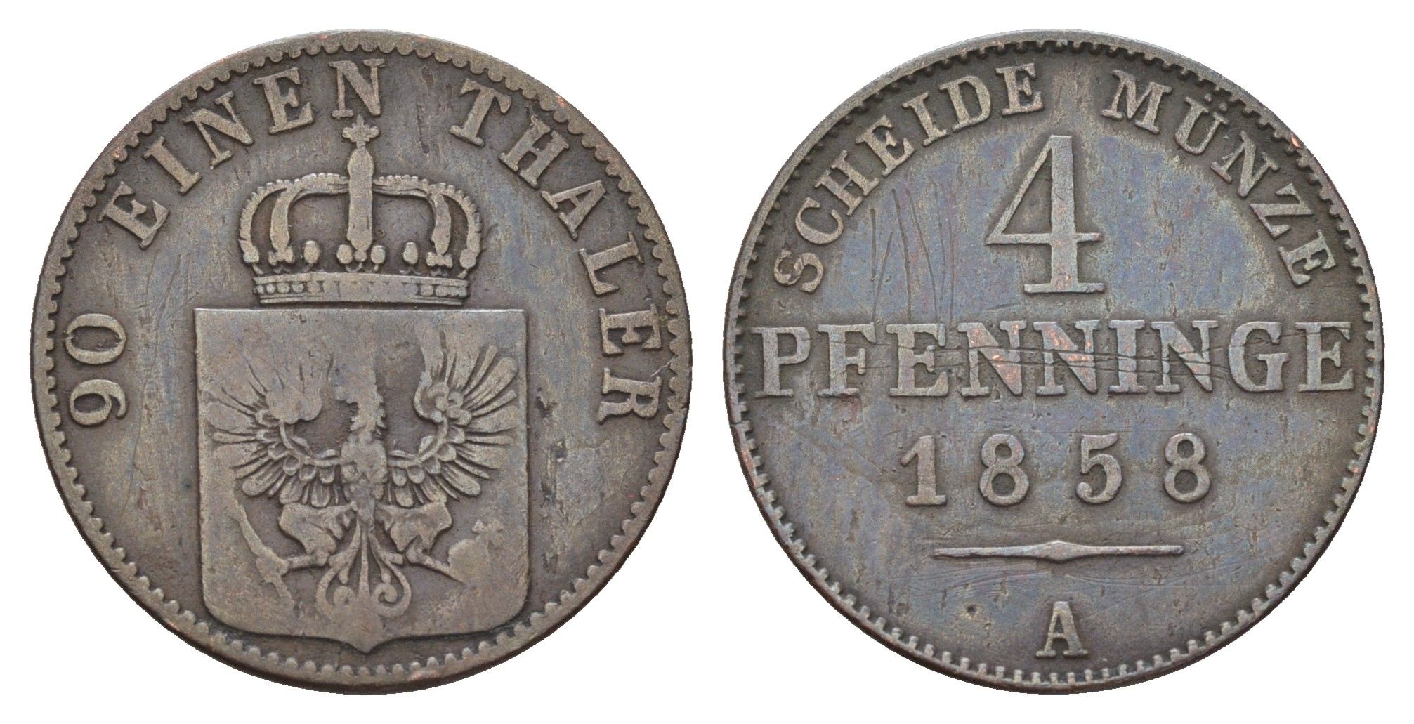 Пруссия 4 пфеннига 1858 A, Вильгельм I (1861-1888) KM 454a медь 41-1213