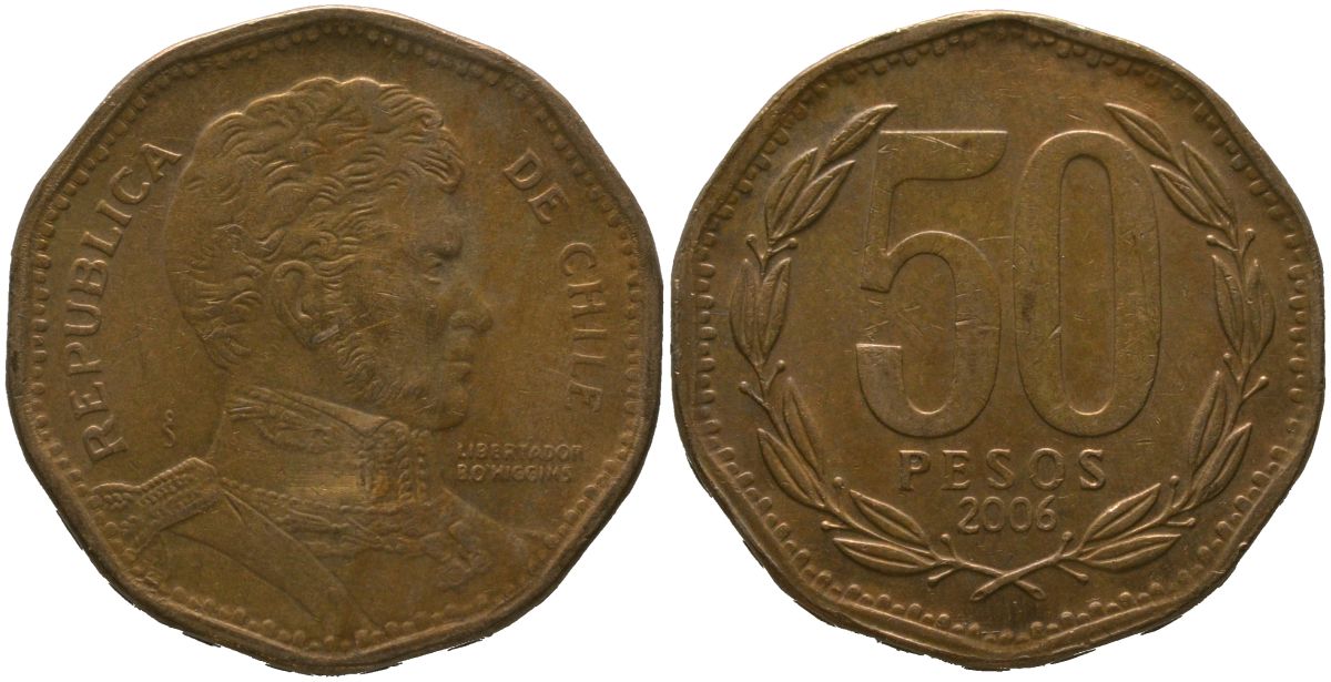 Чили 50 песо 2006 So KM 219.2, Schon 70 алюминиевая бронза 4544-415