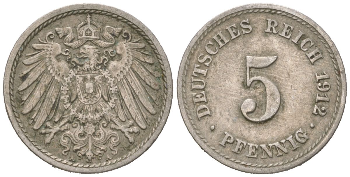 Германия 5 пфеннигов 1912 A, Вильгельм II (1888-1918) KM 11, J. 12 медно-никель 4615-735