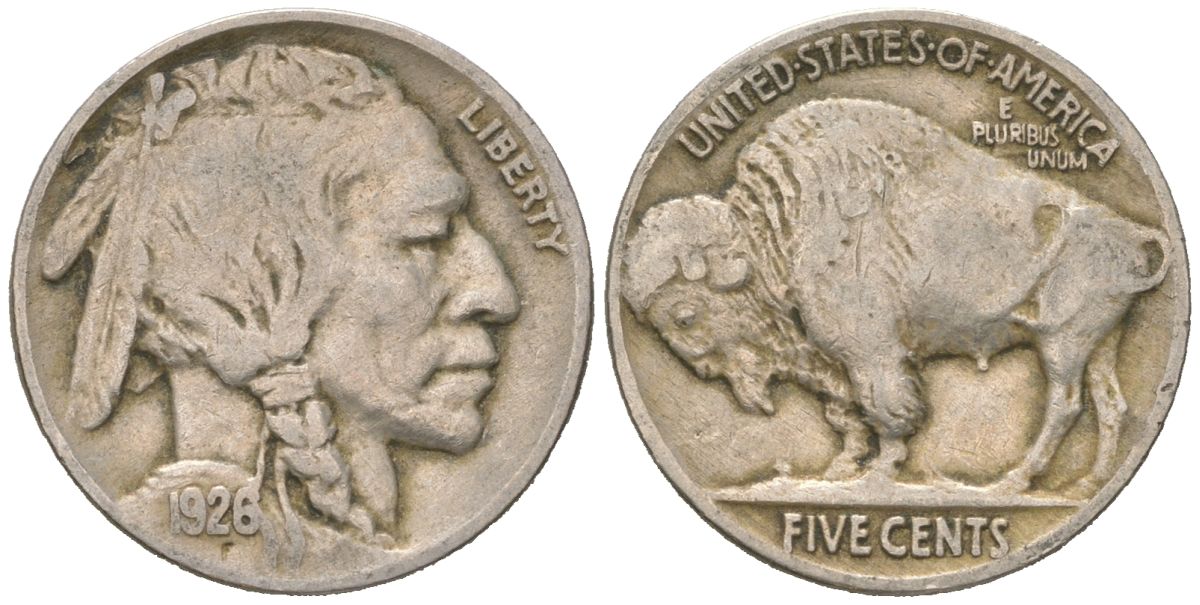 США 5 центов 1926 индеец, бизон KM 134 медно-никель 4614-1068