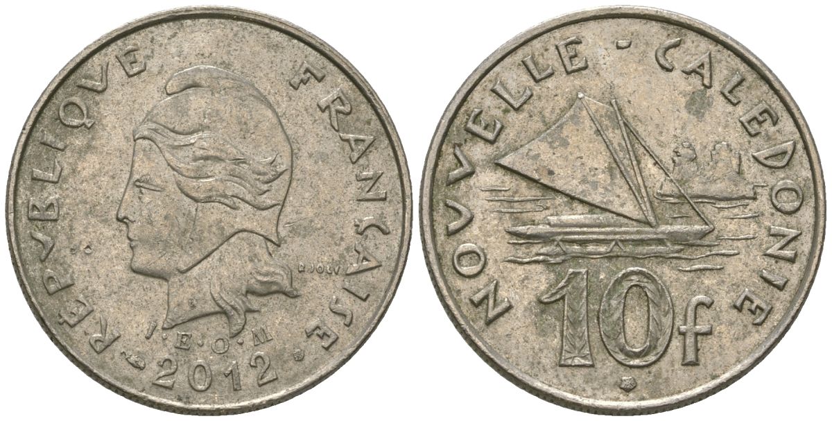 Французская Новая Каледония 10 франков 2012 рыбачья парусная лодка, (IEOM) KM 11a, Schoen 13a, Lec 99k медно-никель 65-152