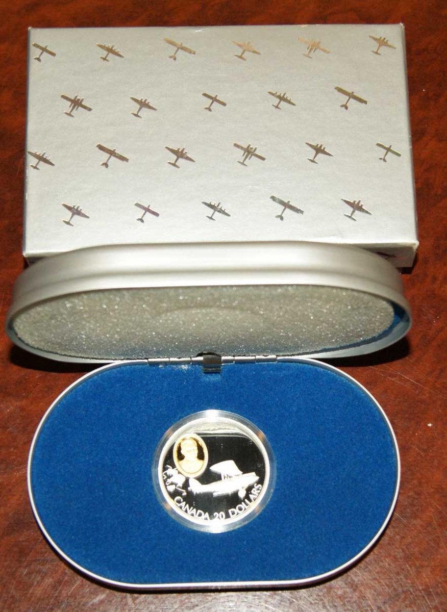 Канада 20 долларов 1992 самолет Кёртис JN-4, промышленник Фрэнк Уилтон Бейли, оригинальная коробочка, сертификат KM 224 серебро, позолота PROOF 5-4-5-20