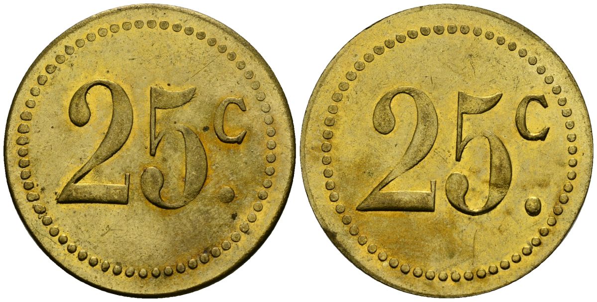 Франция 25†сантимов XIX-XX век ресторанный жетон латунь 4166-1112
