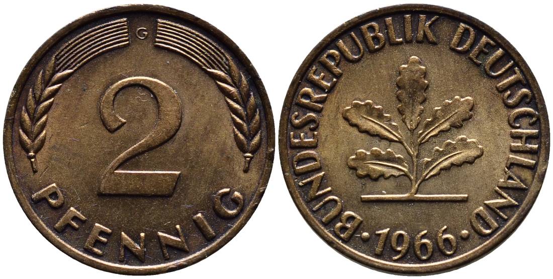 ФРГ 2 пфеннига 1966 G KM 106, Jager 381 бронза 4546-942