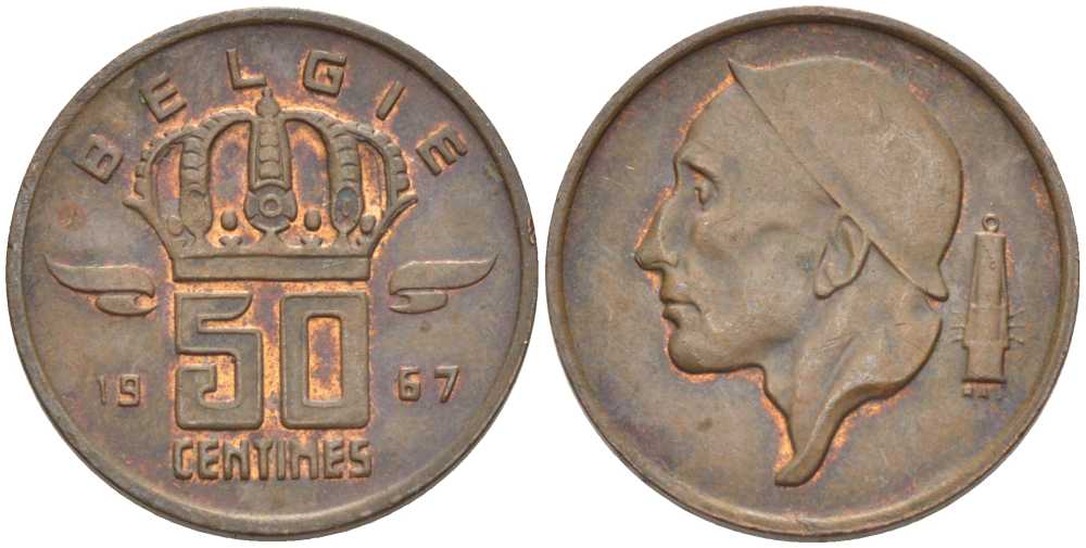 Бельгия 50 сантимов 1967 Belgie, Бодуэн I (1951-1993) KM 149.1 бронза 4396-1039
