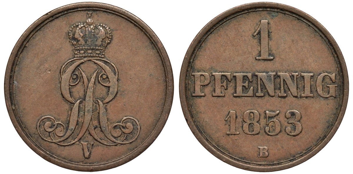 Ганновер 1 пфенниг 1853 B, Георг V KM 221, AKS 155, J. 83 медь 4594-242