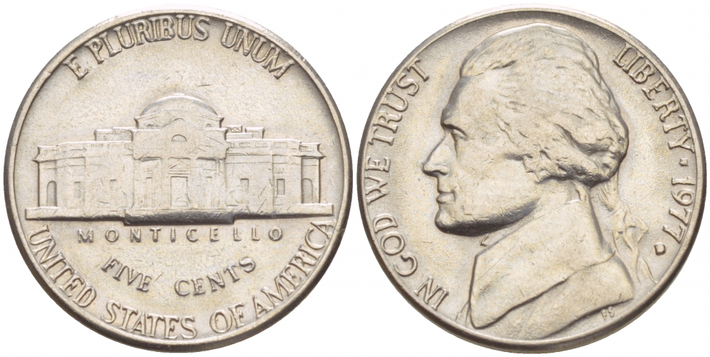 США 5 ЦЕНТОВ 1977 D, ДЖЕФФЕРСОН KM А192 медно-никель 4546-1146