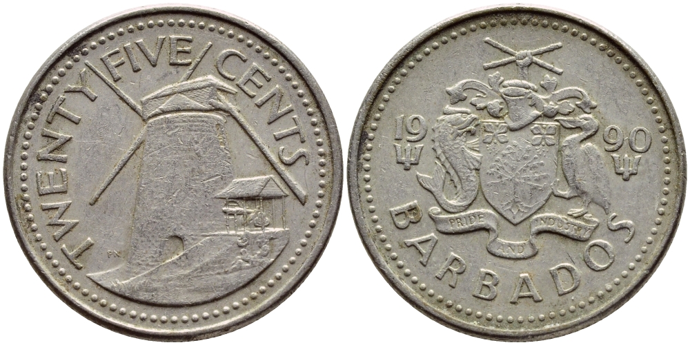 Барбадос 25 центов 1990 ветряная мельница Моргана Льюиса KM 13 медно-никель 4398-432