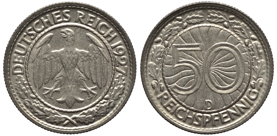 ГЕРМАНИЯ 50 РЕЙХСПФЕННИГОВ 1927 D KM 49, J. 324 никель 4556-711