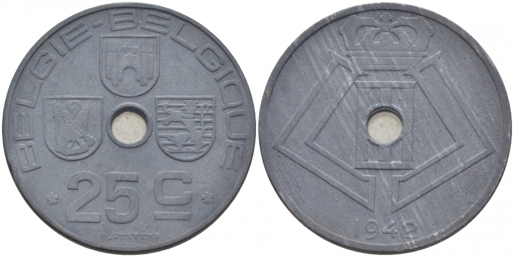 БЕЛЬГИЯ 25 САНТИМОВ 1942 BELGIE-BELGIQUE, ГЕРМАНСКАЯ ОККУПАЦИЯ, ВТОРАЯ МИРОВАЯ ВОЙНА KM 132 цинк 4448-236