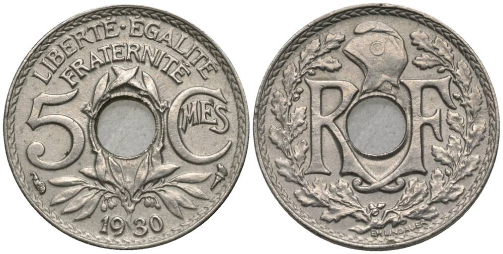 ФРАНЦИЯ 5 САНТИМОВ 1930 ТИП LINDAUER, PETIT MODULE KM 875, LE FRANC 122.13 медно-никель 4549-1234
