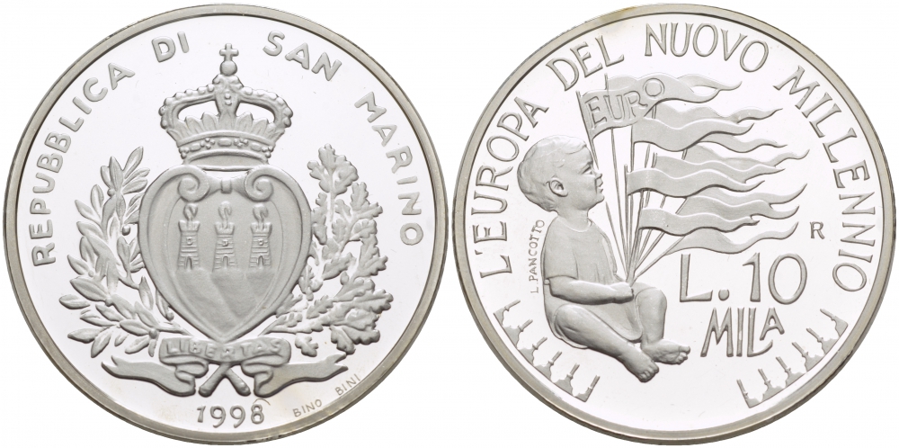 Сан-Марино 10000 лир 1998 Европа в новом тысячелетии, миллениум KM 387 серебро PROOF 11-227-35