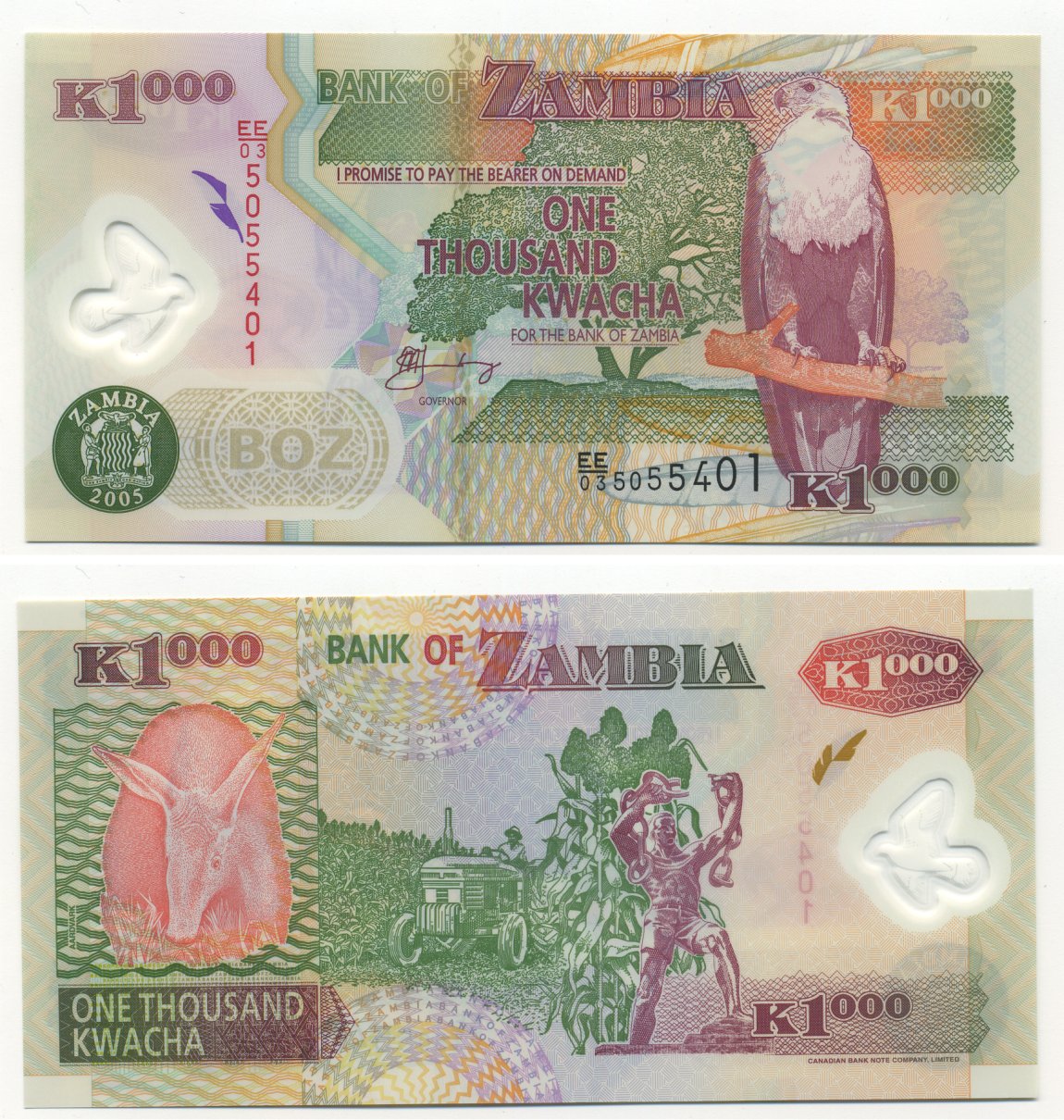 Замбия 1000 квач 2005 трубкозуб, трактор, статуя Свободы в Лусаке Pick 44 d пластик UNC (пресс) 7204-32-2