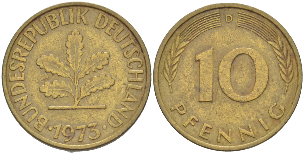 ФРГ 10 ПФЕННИГОВ 1973 D KM 108, J. 383 сталь плакированная латунью 4182-832