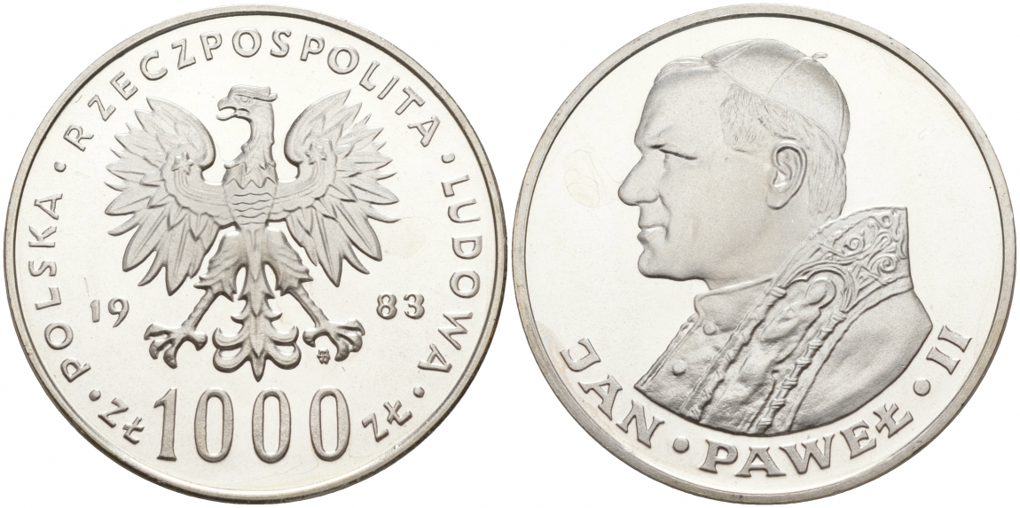 Польша 1000 злотых 1983 MW, визит папы Иоанна Павла II в Польшу KM 144, Parchimowicz 337b серебро UNC 1087-7-75