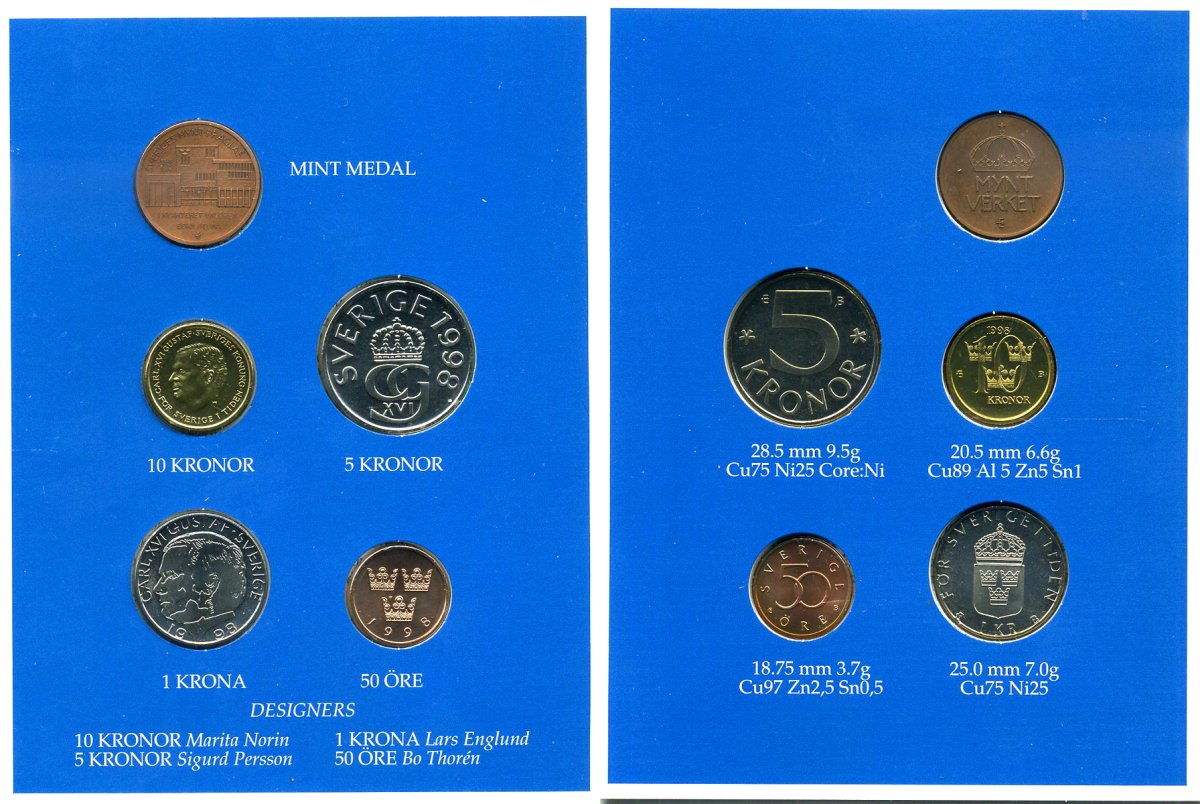 Швеция набор из 4 монет + медаль 1998 в оригинальном картонном буклете, Карл XVI Густав (1973- ) KM MS 91 UNC 4-4-1-36