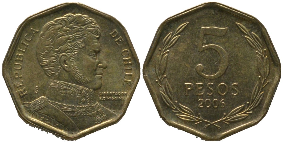 Чили 5 песо 2006 So KM 232, Schon 81 алюминиевая бронза aUNC 4387-1056