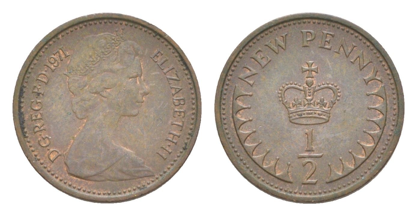 Великобритания 1/2 новый пенни 1971 Елизавета II (1952-2022) KM 914, Spink 4239 бронза 4643-458