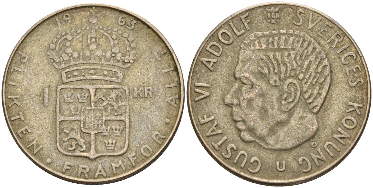 Швеция 1 крона 1963 U, Густав VI Адольф (1950-1973) KM 826 серебро 4150-126