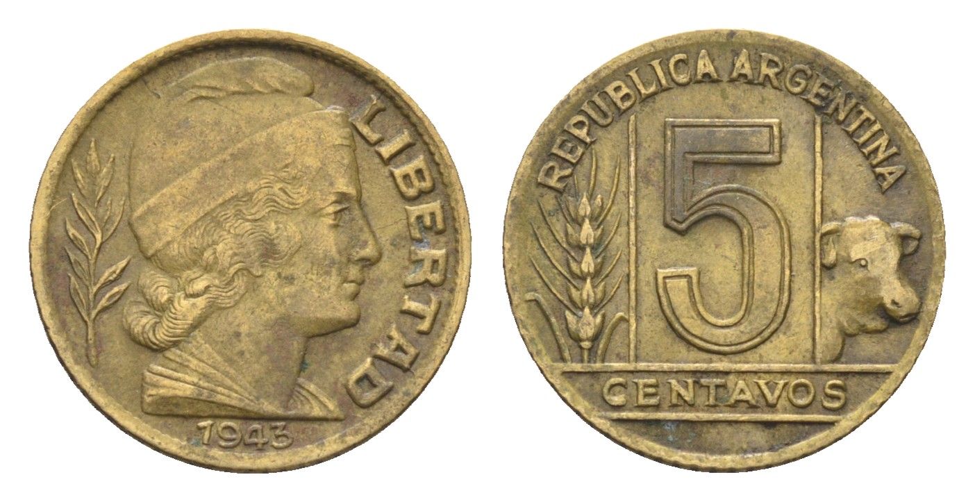 Аргентина 5 сентаво 1943 KM 40 алюминиевая бронза 4664-536