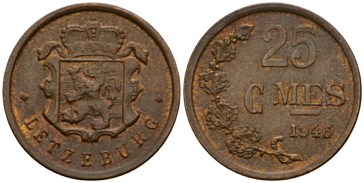 Люксембург 25 сантимов 1946 Шарлотта (1918-1964) KM 45 бронза 4532-227