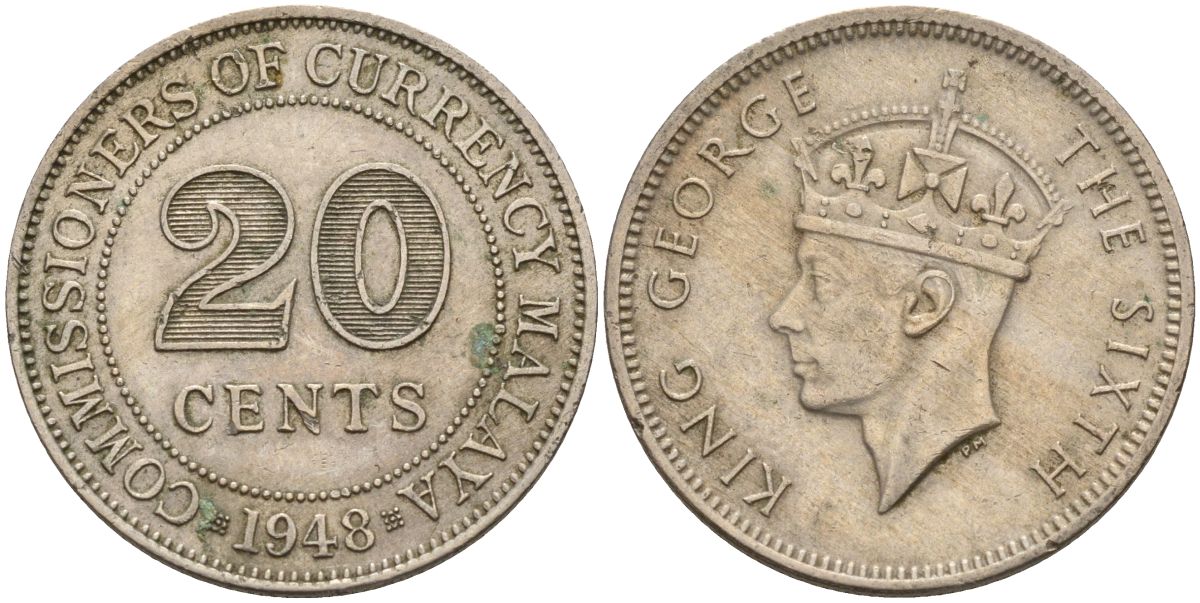 Британская Малайя 20 центов 1948 Георг VI (1937-1952) KM 9 медно-никель 4153-656
