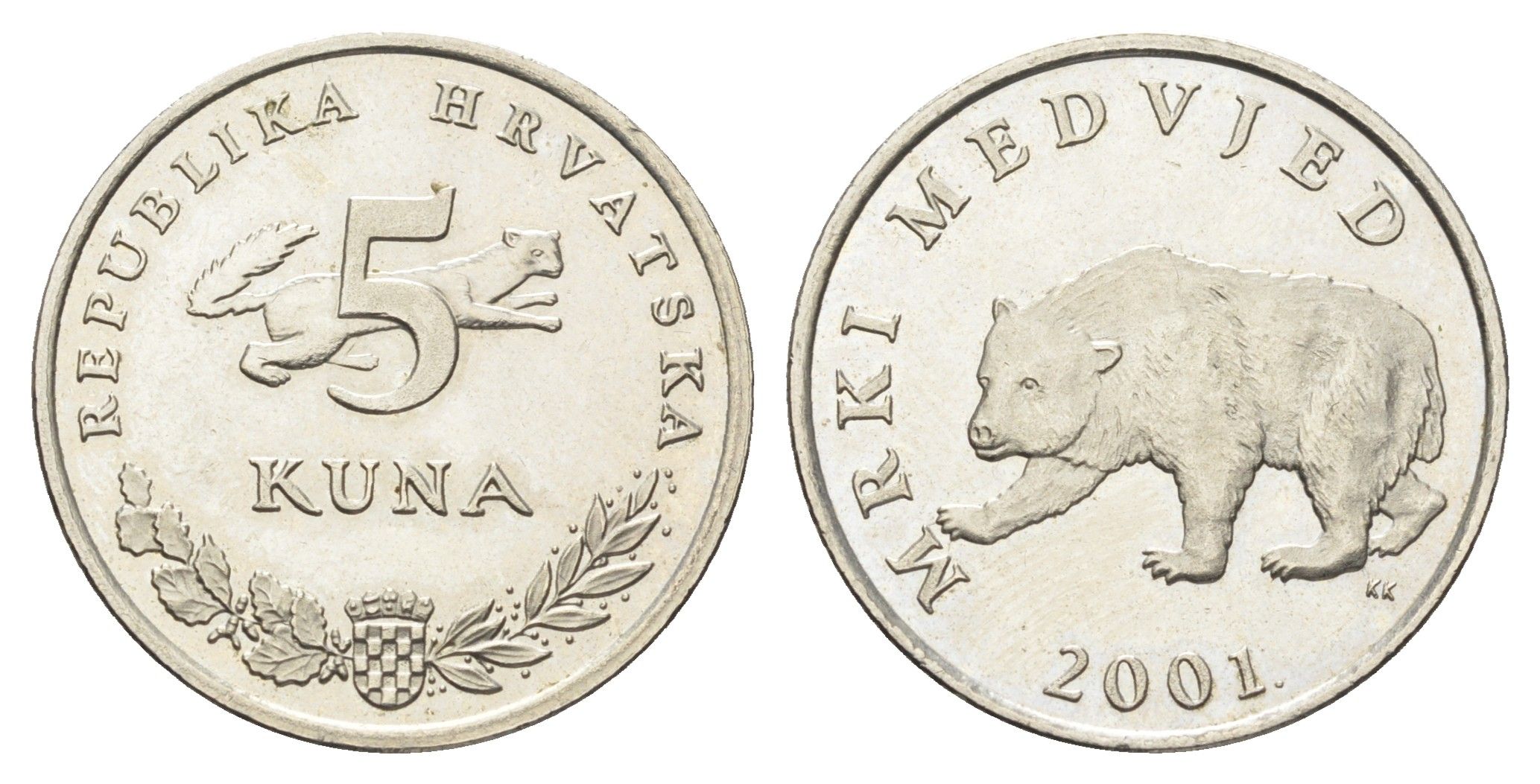 Хорватия 5 кун 2001 бурый медведь, нечетный год KM 11 медь цинк никель  UNC  4660-425