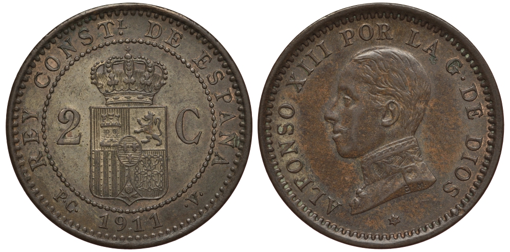 ИСПАНИЯ 2 СЕНТИМО 1911 АЛЬФОНСО XIII бронза UNC 1521-1244
