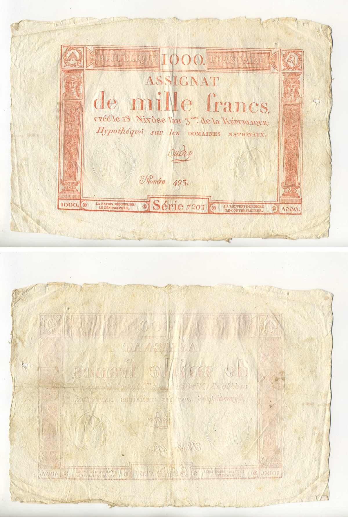 Франция 1000 франков 1795 18 Nivose An III (7.1.1795), серия 7203 № 493 Pick А80  бумага   7552-18-1-1