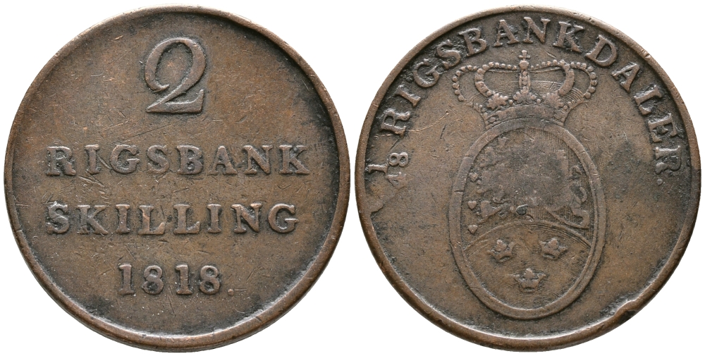 ДАНИЯ 2 РИКСБАНКСКИЛЛИНГА 1818 KM 689 (С102) медь 32-335