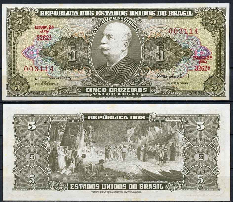 Бразилия 5 крузейро ND (1962-1964) серия 3262, Estampa 2A, Барао до Рио Бранко Pick 176 a бумага UNC (пресс) 2196-39-3-1