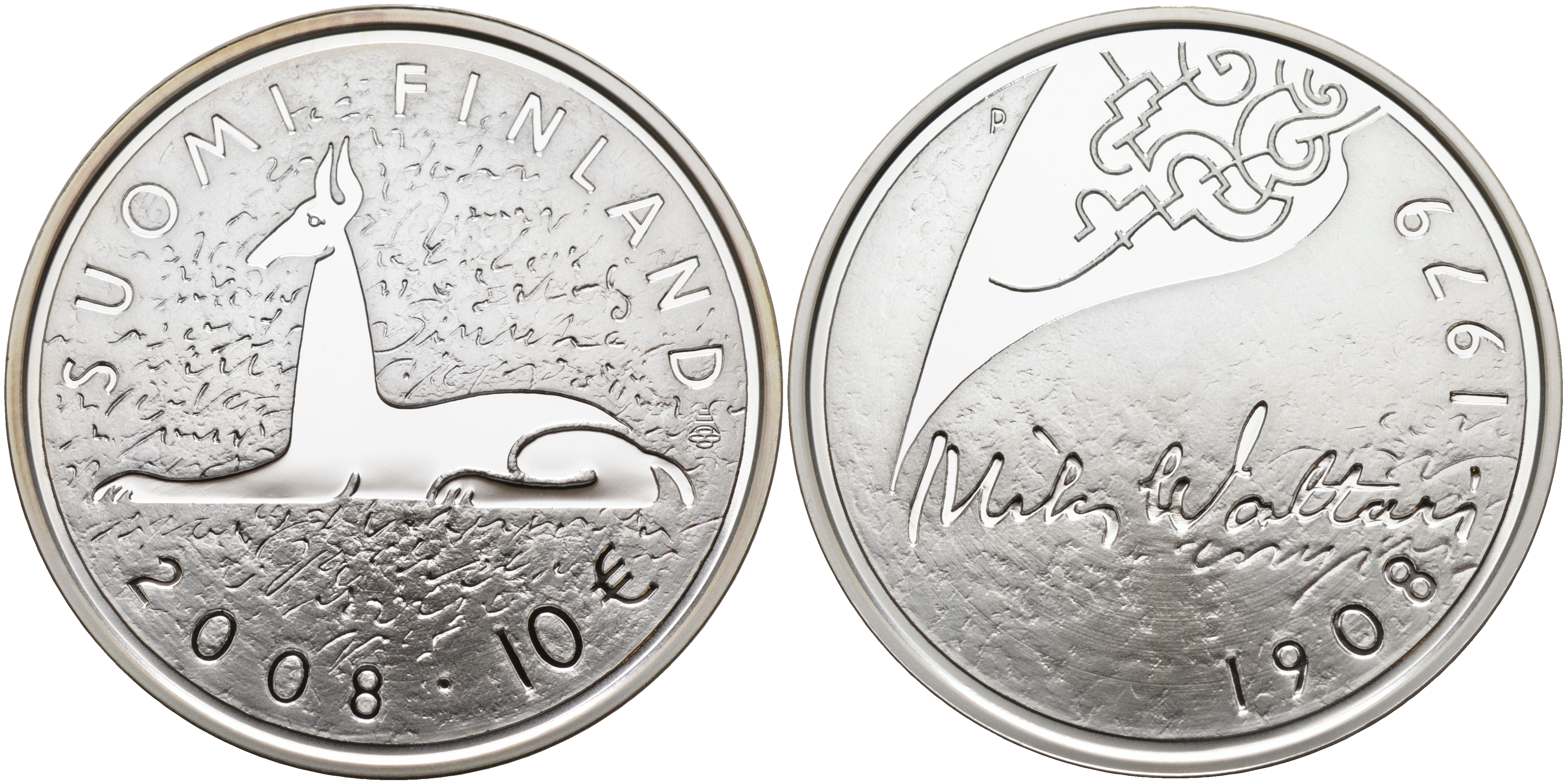 Финляндия 10 евро 2008 Мика Валтари, писатель KM 142 серебро  PROOF 11-114-24