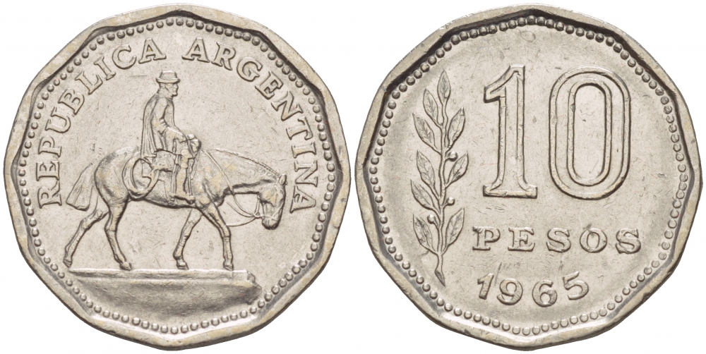 Аргентина 10 песо 1965 Гаучо KM 60 никелированная сталь 4548-333