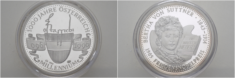 Австрия медаль 1996 МИЛЛЕНИУМ, 1000 ЛЕТ АВСТРИИ (966-1996), БЕРТА ФОН ШУТНЕР серебро PROOF 00-00