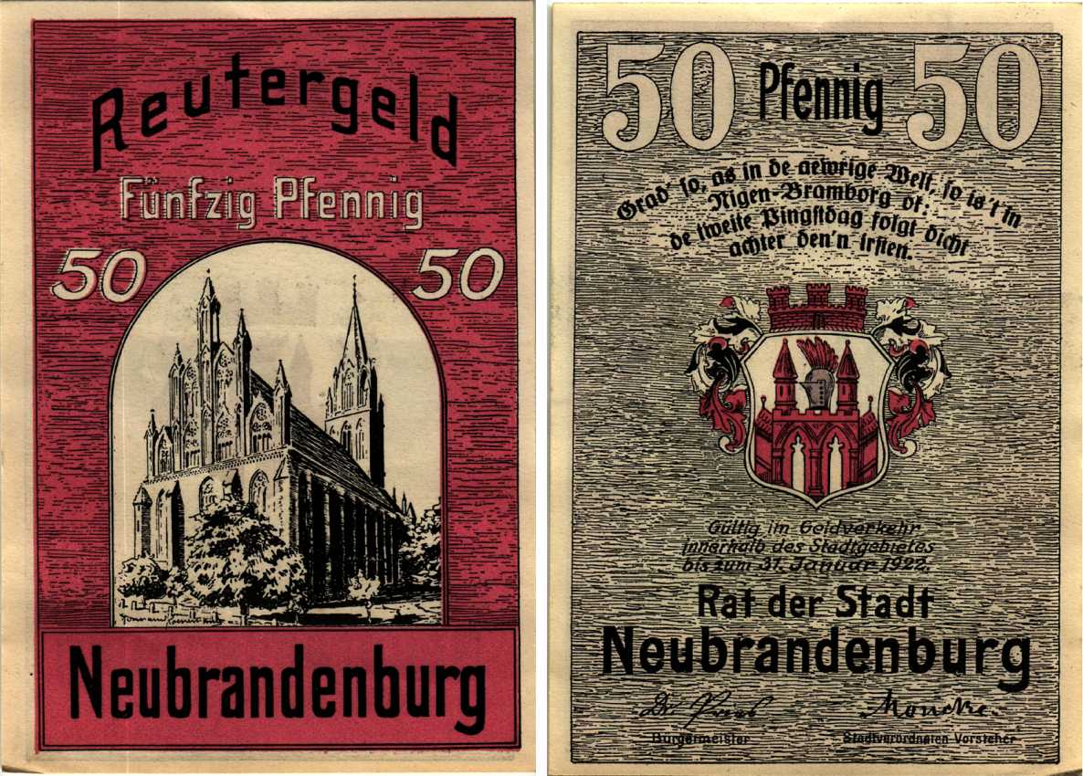 НОЙБРАНДЕНБУРГ 50 ПФЕННИГОВ 1922 НОТГЕЛЬД, 1922 - 31 МАЯ 1922, ЗЕМЛЯ МЕКЛЕНБУРГ-ПЕРЕДНЯЯ ПОМЕРАНИЯ Grabowski 935.1 бумага 6318-44-2-1