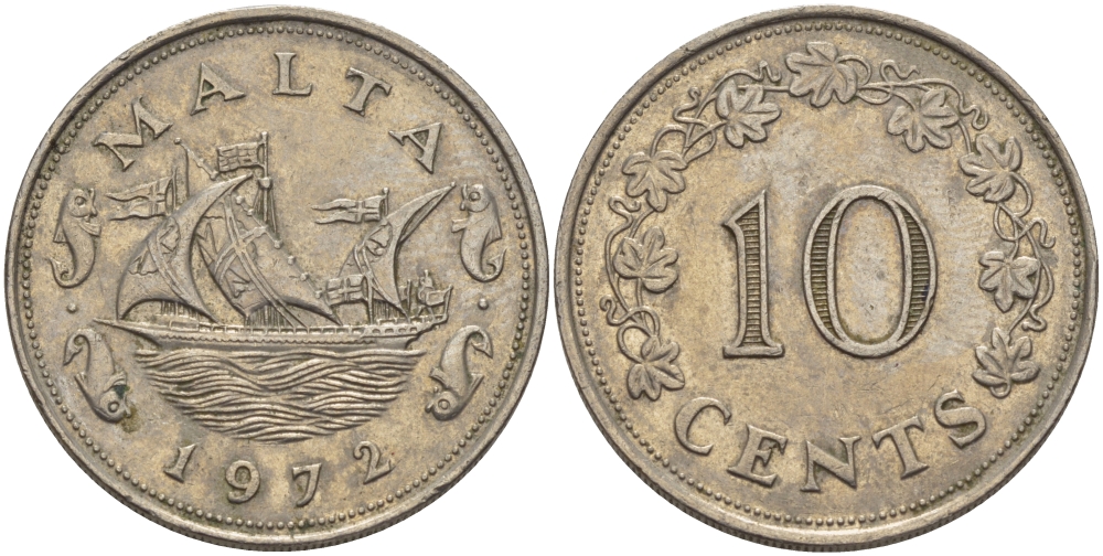 Мальта 10 центов 1972 баржа Великого магистра KM 11 медно-никель 82-433