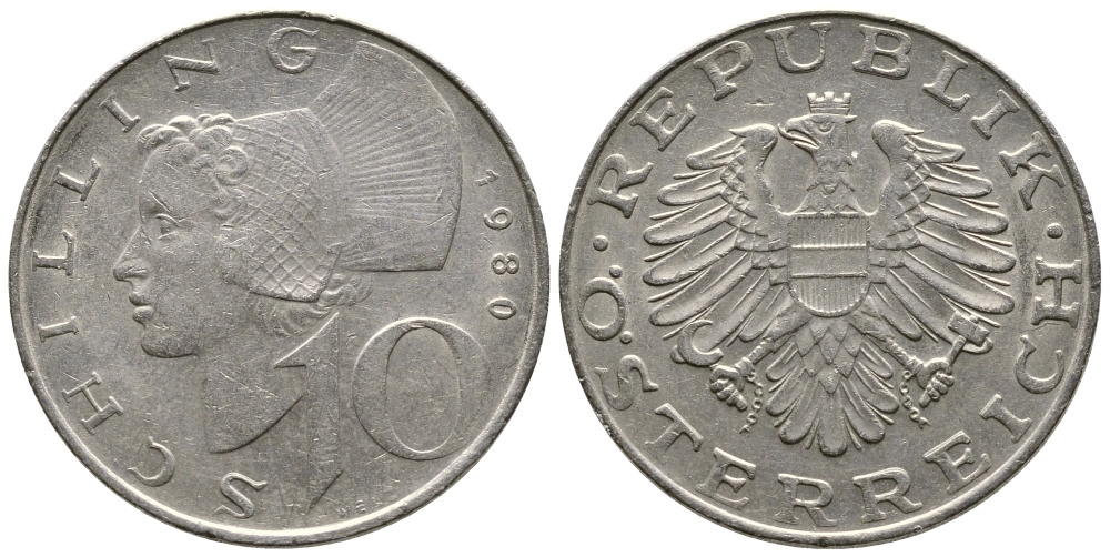 Австрия 10 шиллингов 1980 KM 2918 никель плакированный медно-никелем 4606-924