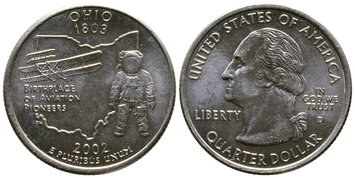 США 25 центов = квотер 2002 D, серия штаты США, Огайо KM 332 медь плакированная медно-никелем 56-417