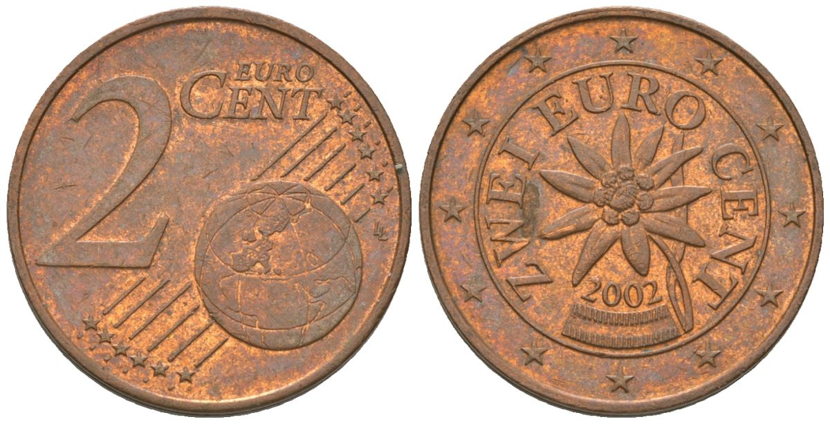 Австрия 2 евроцента 2002 KM 3083 сталь плакированная медью 4580-311